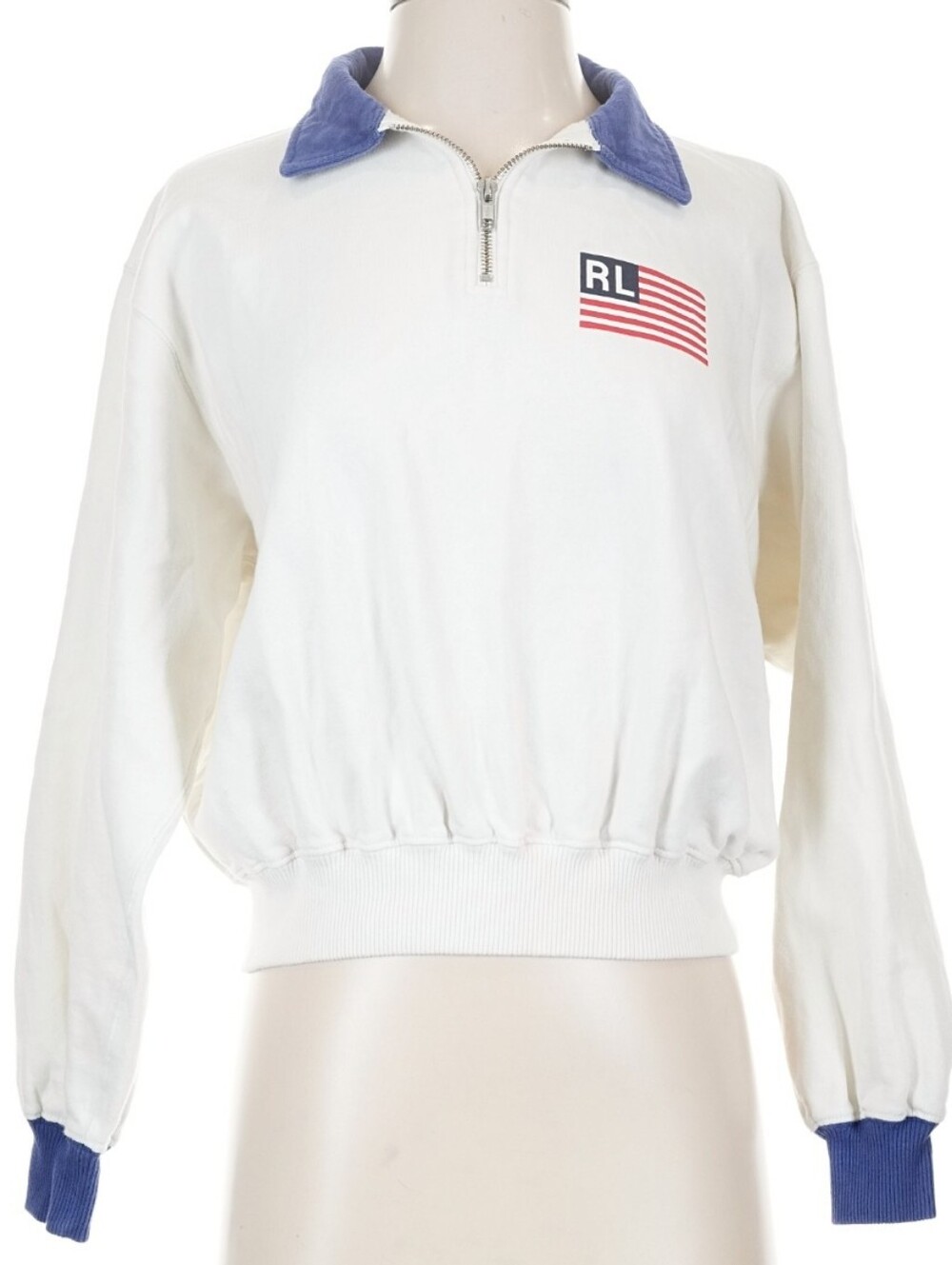 Ralph Lauren Cream Half-Zip Pullover with Blue Collar. Small